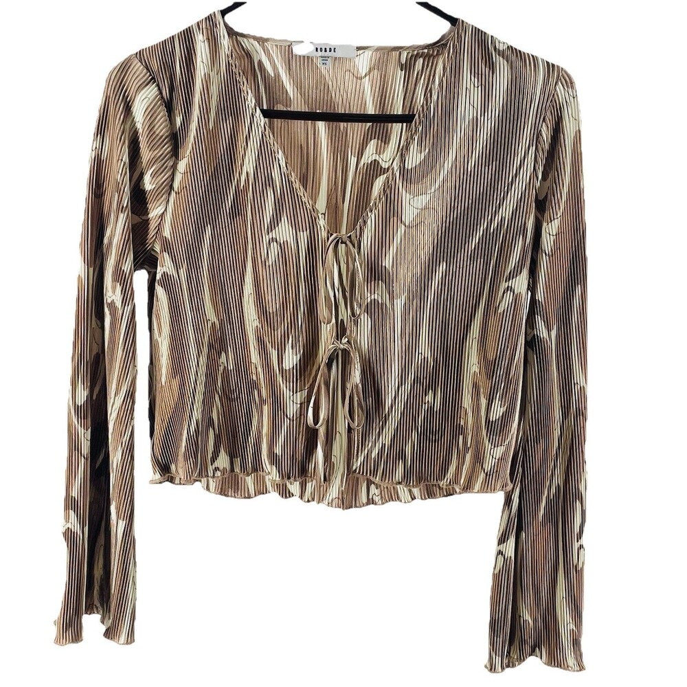 RO & DE Pleated Tie Front Top XS Brown Abstract Y2K Boho Fairycore